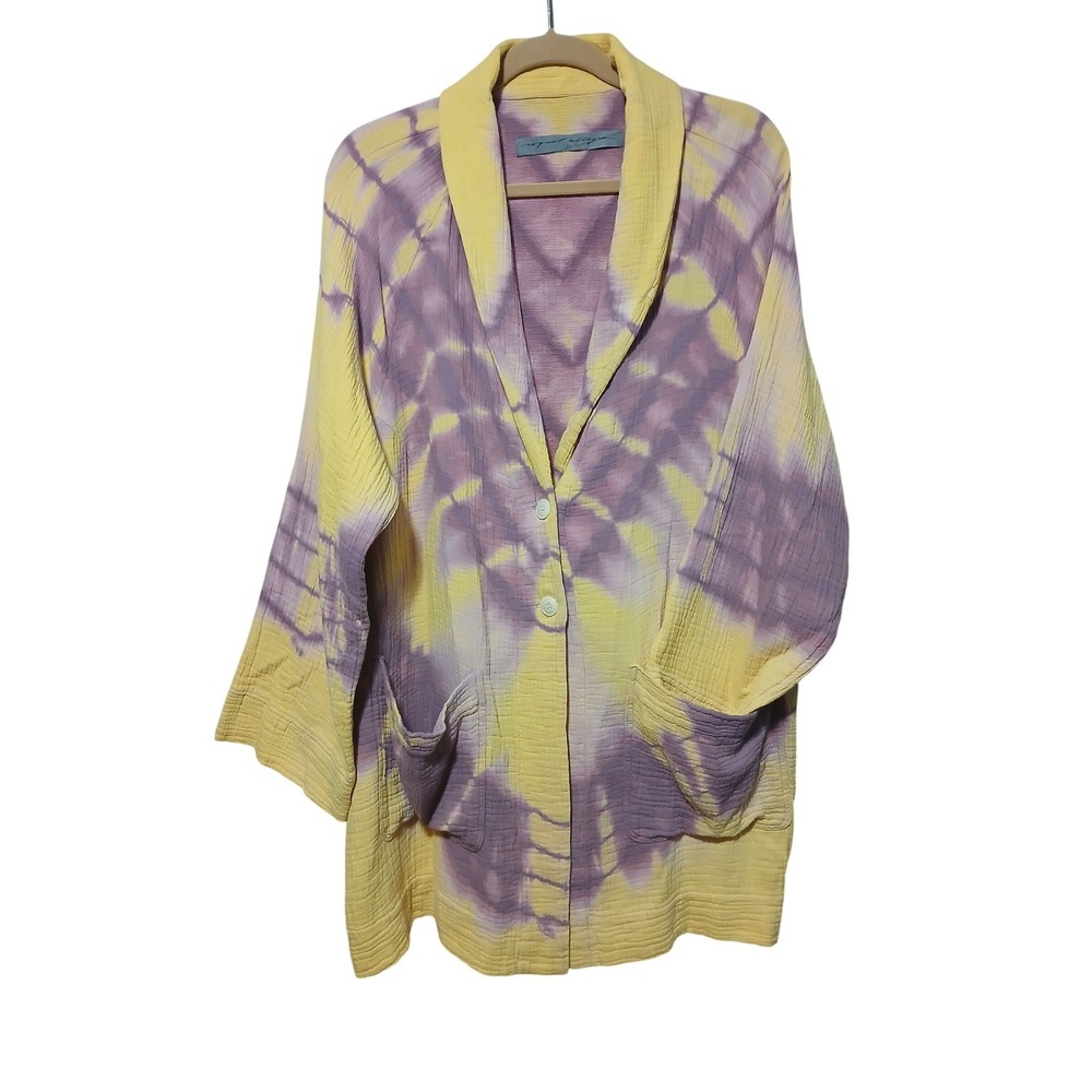 Raquel Allegra Yellow Purple Tie Dye Cotton Gauze Cardigan Jacket Size 3 L XL
